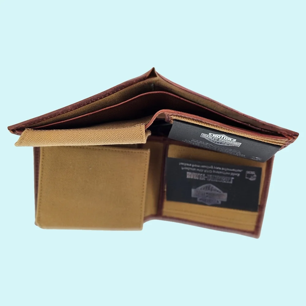 Harley Davidson Wallet Cotton Canvas Bifold Khaki Leather Trim RFID Protection